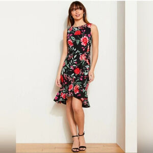 Calvin Klein Scuba Dress Tulip Ruffle Hem Floral Sheath Size 8 Cocktail Black